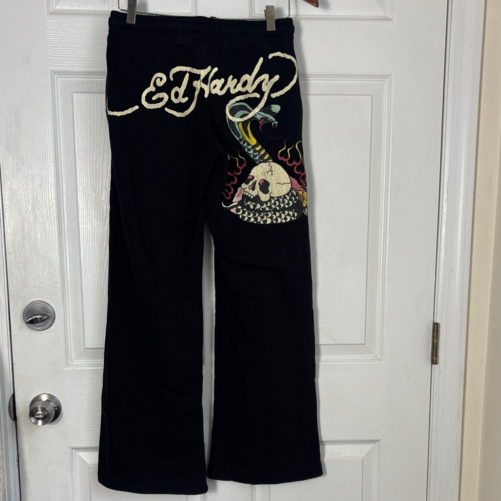 Ed Hardy Black Boot Cut Pants with Colorful Skull & Snake Graphic